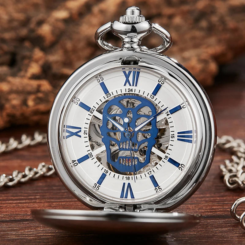 Smooth Sliver Case Skull Roman Numerals Dial Mechanical Pocket Watch Antique Fob Chain Collection Clock for Men Dropshipping