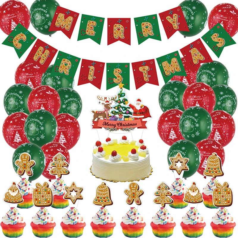 

Gingerbread Man Theme Christmas Party Decoration Santa Claus Print Balloon Banner Cake Toppers for Xmas New Year's Eve Party