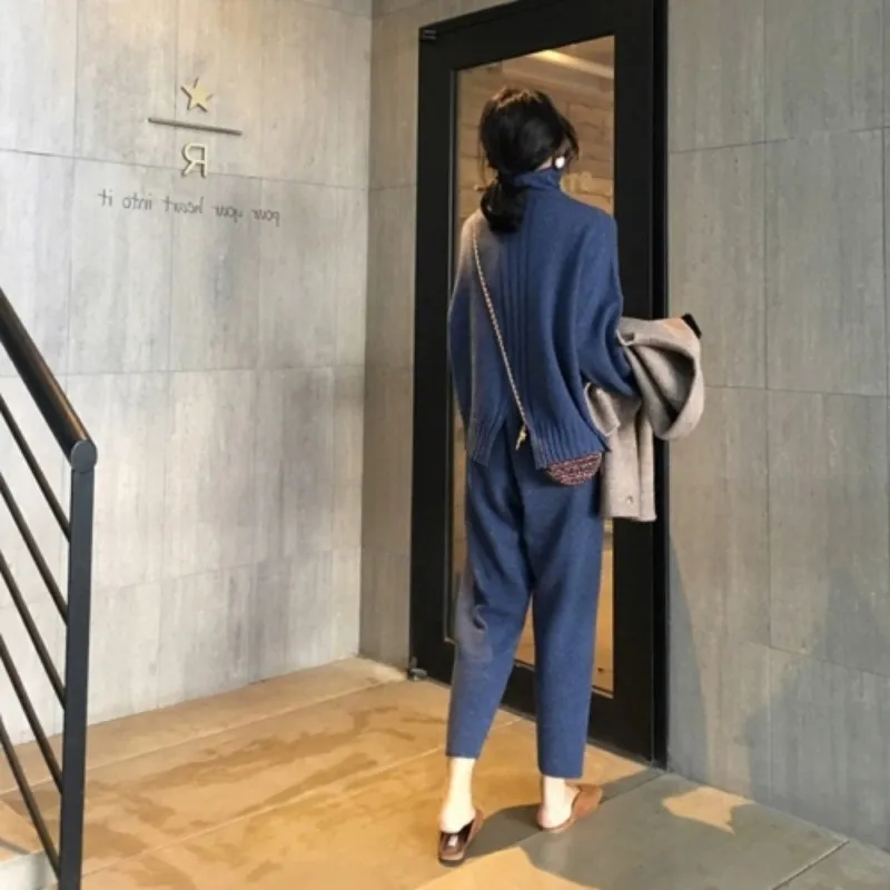 New arrival Autumn winter Knitted Tracksuit Turtleneck Sweatshirts for Women Suit Clothing 2 Pcs Set Knit top Pants suit Female