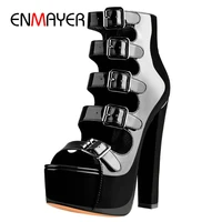 enmayer casual gladiator buckle strap patent leather luxury shoes women designers solid buckle square high heels sandals women