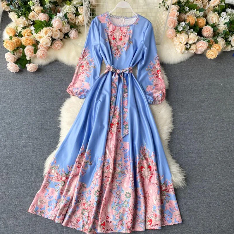 

2020 New arrival autumn high quality ladies elegant dress women long sleeves bandage vintage print A-line long Dress Vestidos