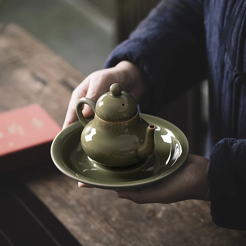 WIZAMONY Longquan Celadon Tea Set Cinnabar Fetal Tea Pot Beauties Pot Bamboo Tea Tray Small Tea Single Teapot Yue Gift