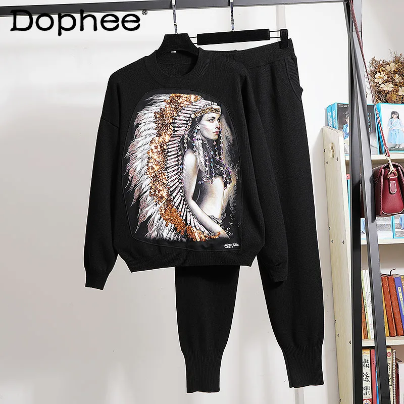 

Women's Vintage Knit Outfits Clothing High Street Sequins Embroideried Jumper Sweater Knitted Harem Pants Two-Piece Autumn Sets