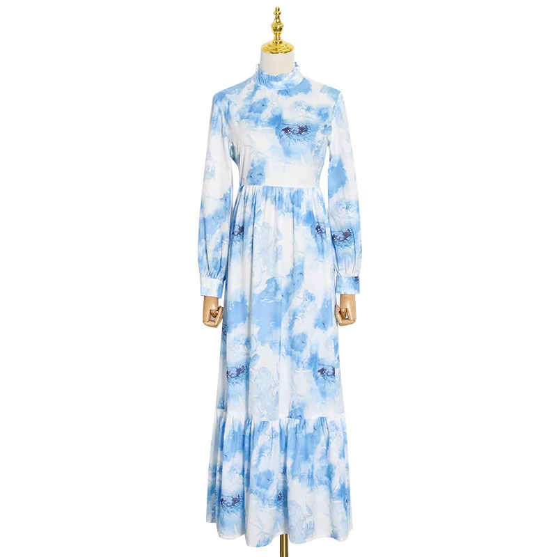 

Bohemian summer new blue painted chiffon collar long ruffled dress