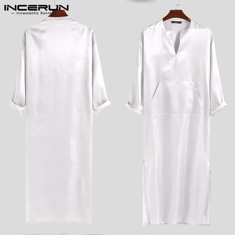 INCERUN, брендовый халат для сна, для мужчин, сплошной цвет, шелк, атлас, мешковатые, v-образный вырез, длинный рукав, карман, сексуальная одежда для сна, домашнее, для мужчин, s, пижамы, халаты
