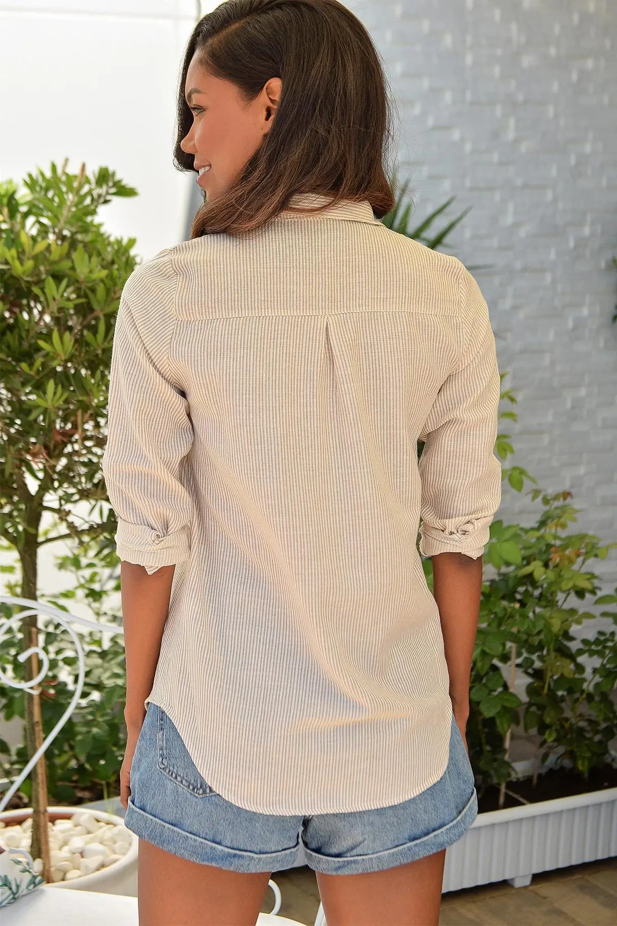 Тренд: alacati Стиль Женская Ванильная Серебристая хлопковая льняная рубашка с