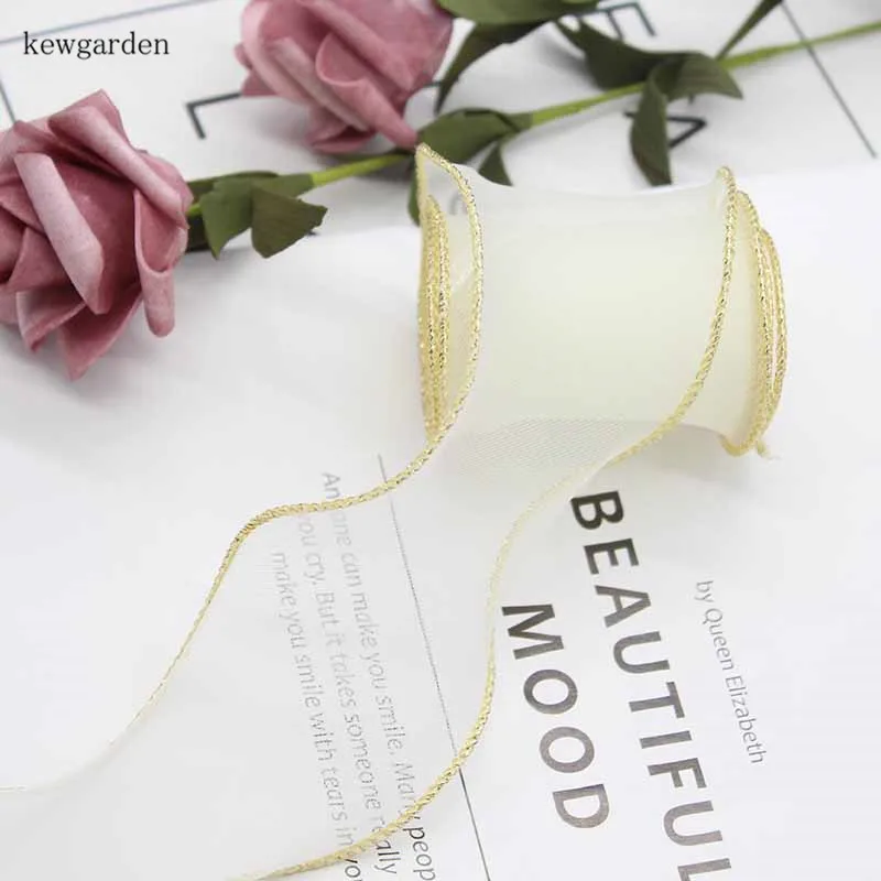 Kewgarden 55 мм 2-Дюймовая волнистая лента из органзы с золотыми краями вручную