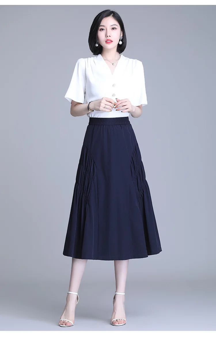 

Women High Waist Fashion Splice Folds A-line Skirt 2021 Summer Female Elegant Plus Size Loose Casual Mid-long Black Skirts 9598
