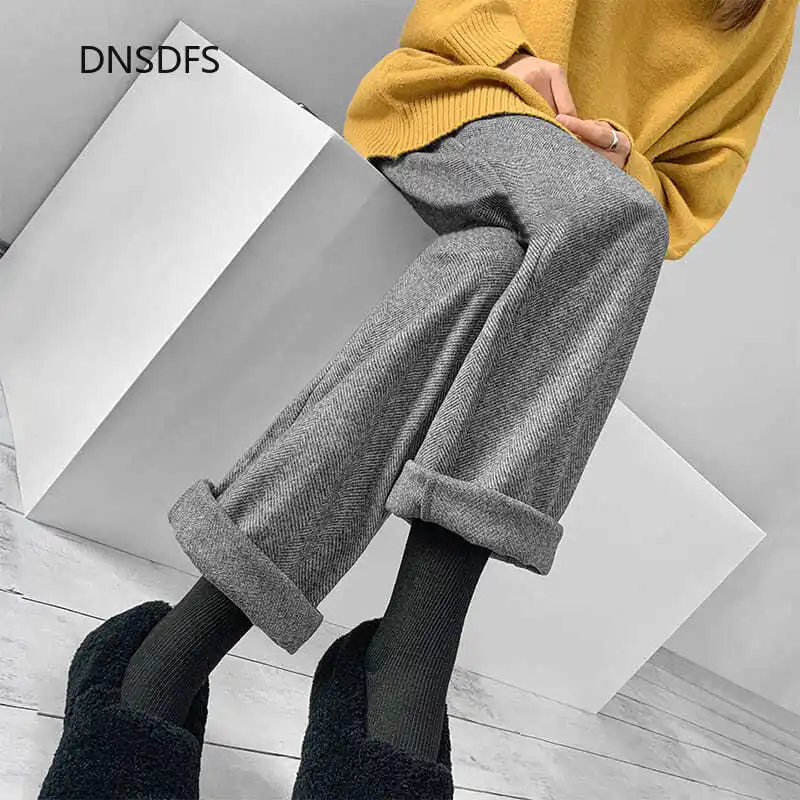 

Woolen Pants Womens Loose Pants High Elastic Waist Fashion Wool Thick Long Pants Winter Loose Straight Trousers Korean New
