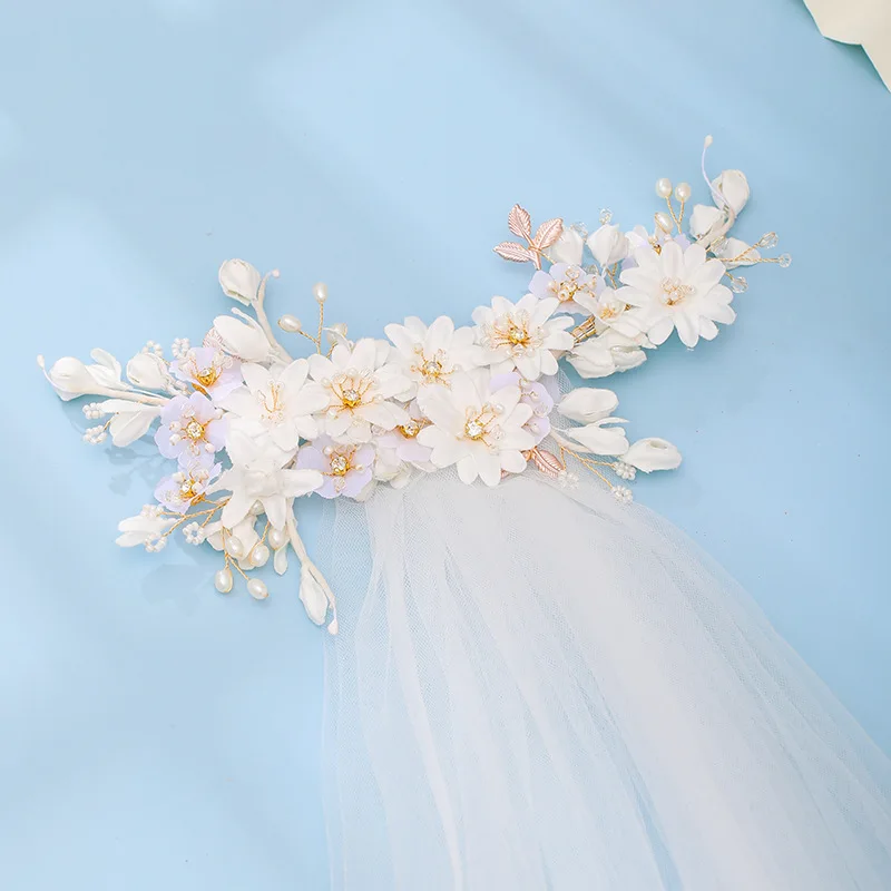

Simple White Tulle Wedding Veils with Comb Flower Crystal Pearls Headpieces Jewelry for Bride Noiva Marriage Wedding 78cm Long