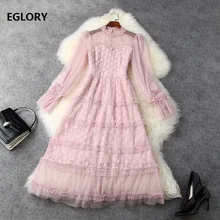 Robe en dentelle de haute qualité pour femmes, nouvelle collection printemps été 2021, douce robe de fête, femmes, faite à la main, perles, Sexy, Tulle, maille, Patchwork, Vintage, rose  (3)