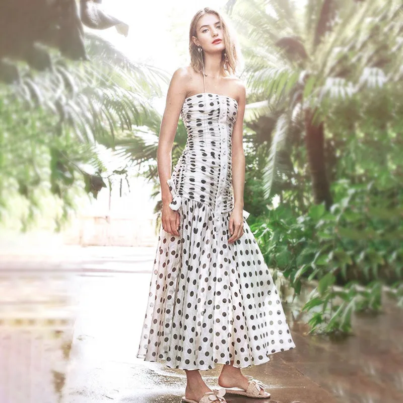 Женское платье без бретелек DEAT облегающее плиссированное в горошек с оборками