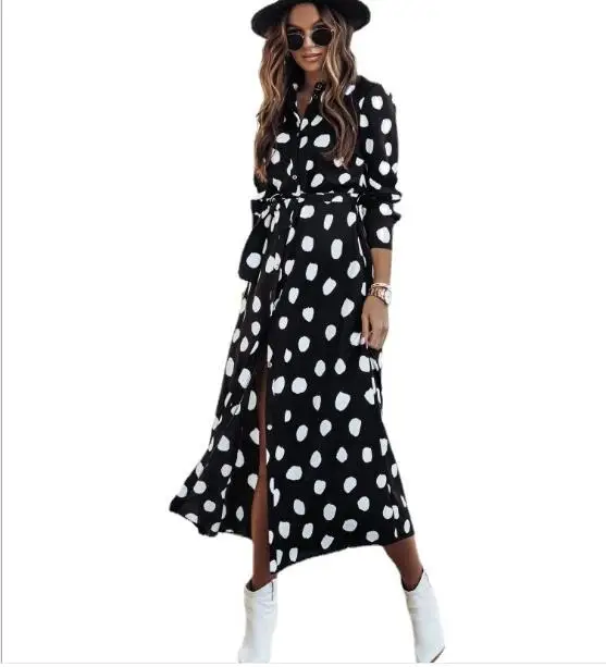 

spring new sleeve tie button print shirt dress long skirt Bkx 12-26