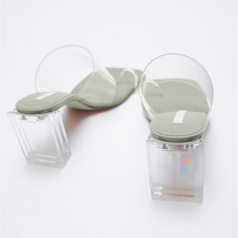 

2021 Summer Transparent Slippers Women New Fashion Outside Square Toe Thick Heel Sandals Crystal High Heels Woman Slides