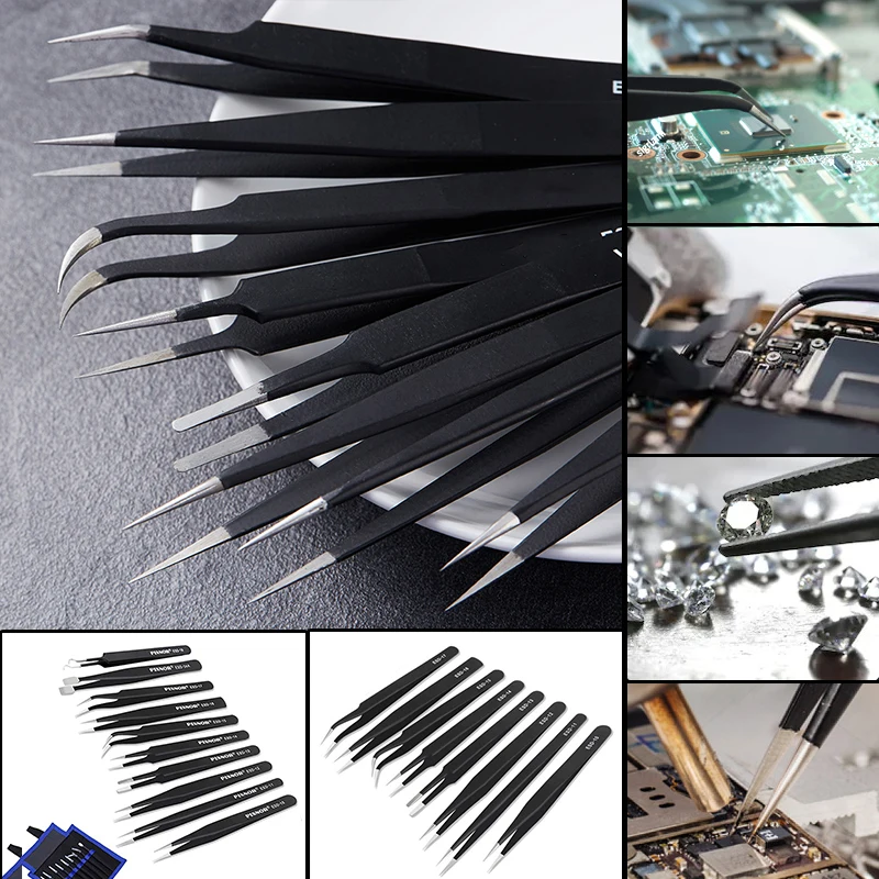 1/10pcs Stainless Steel Tweezers Kit With PU Bag ESD Tweezer Tools High Quality Curved Straight Multifunction Nipper Repair Tool |