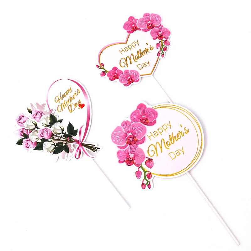 

Mother's Day Flowers Cake Topper Happy Birthday Ribbon Party Decoration Baking Home Supplies Cupcake Exquisite Dessert Decor