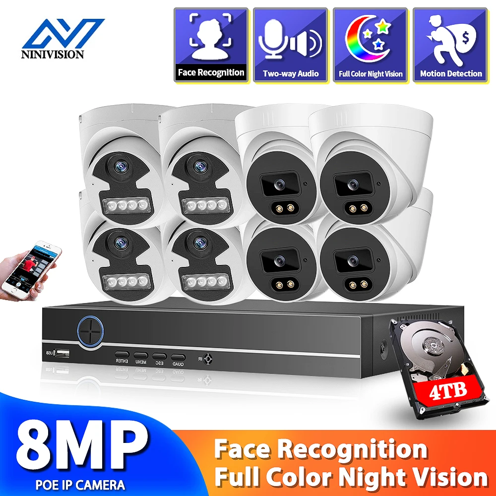 

4K 8MP Video Surveillance Camera 8CH POE NVR Smart AI Face Dome Indoor Camera Two Way Audio Recorder Color Night Security System