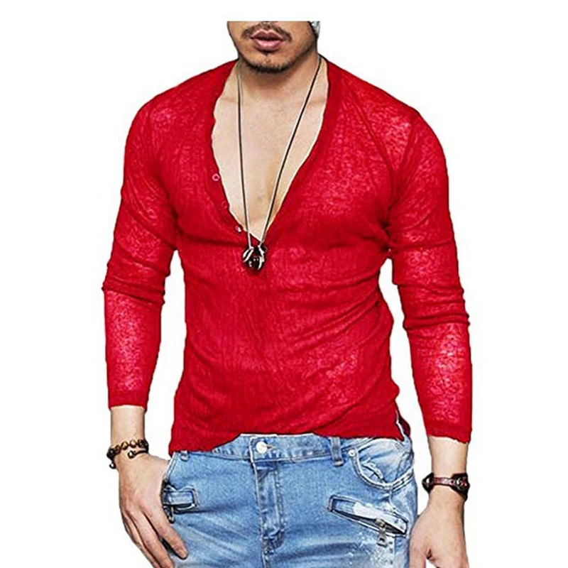 

Hirigin Men Henley ShirtLong Sleeve Deep V-Neck Stylish Slim Fit Loose T-shirt Button placket Casual men Outwears
