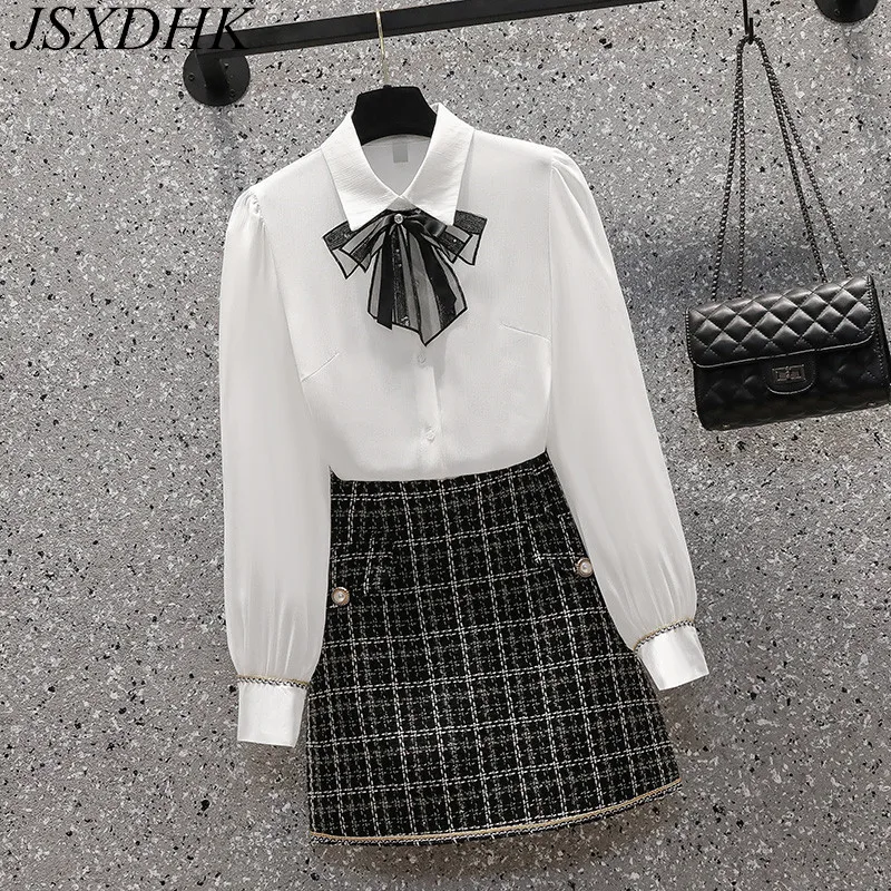 

JSXDHK Autumn Plus Size Two Piece Set New Women Sequined Bowknot Chiffon White Shirt Tops + Tweed Plaid A Line Skirts Suit M-4XL