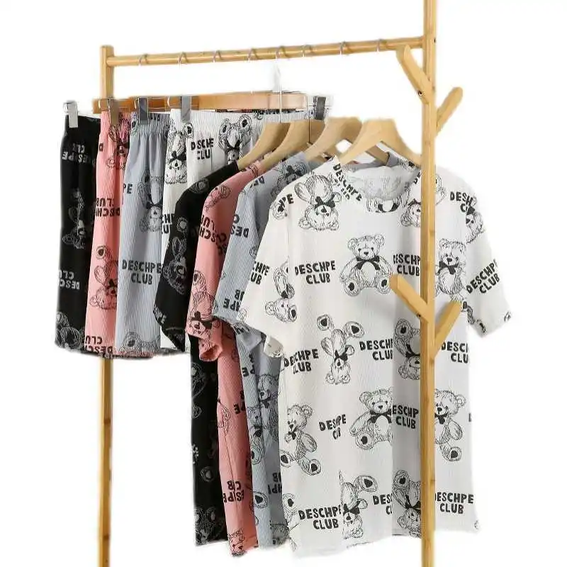 

cartoon bear girls homewear short sleeve summer silky ice set of pyjamas fine woman tshirt shorts pyjamas