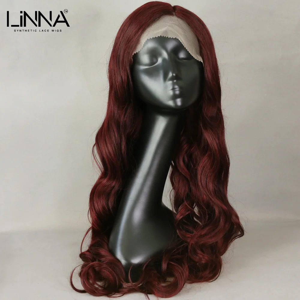 

LINNA Long Wavy Synthetic Lace Wig For Women Wine Red Natural Hairline High Temperature Fiber Wigs L Part Lace Front Cosplay Wig