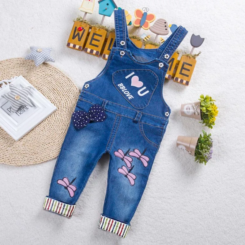 Navy Blue DIIMUU Toddler Baby Girls Jeans Trousers Clothing Overalls Long Pants Casual Printed Clothes Elastic Waist Kids Children - Цвет: Navy Blue