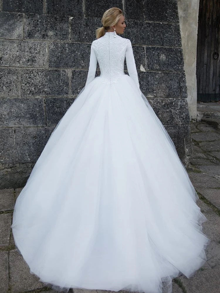 

Muslim Wedding Dress Modest Design High Neck Long Sleeve Ball Gown Lace Tulle Bridal Gowns Floor Length vestido de noiva