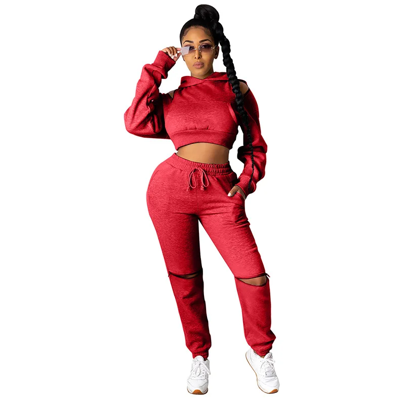 

New Arrivals Women Lace-up Solid Tracksuits Casual Lady Hollow Out Sweatpants + Full Sleeve Short Hoodies Autumn Two Piece Sets