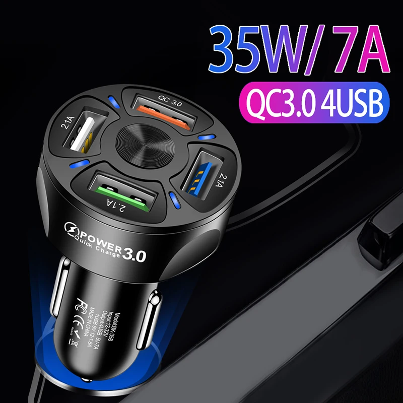 

7A USB Car Phone Charger LED Light QC3.0 Fast Charging Adapters 4 Ports USB Quick Charge For iPhone 12 Pro Max Xiaomi 11 Huawei