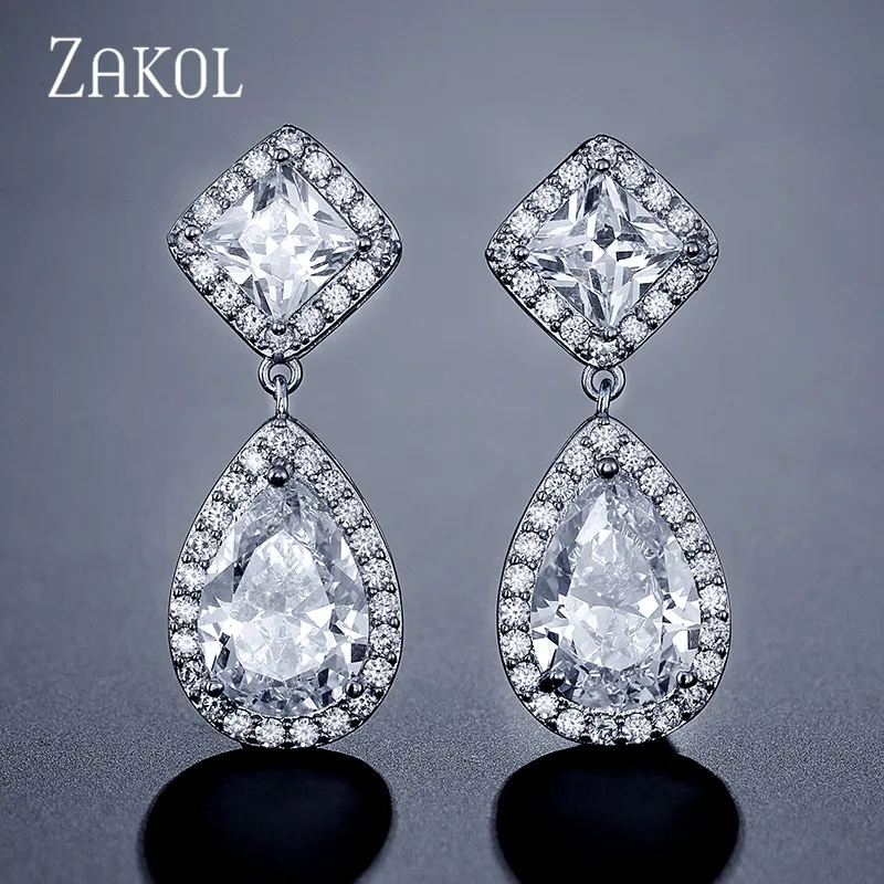 ZAKOL, дизайн, модные, квадратные, каплевидные, прозрачные, висячие серьги, медь, кубический цирконий, для женщин, девушек, вечерние, для работы, туризма, FSEP2162