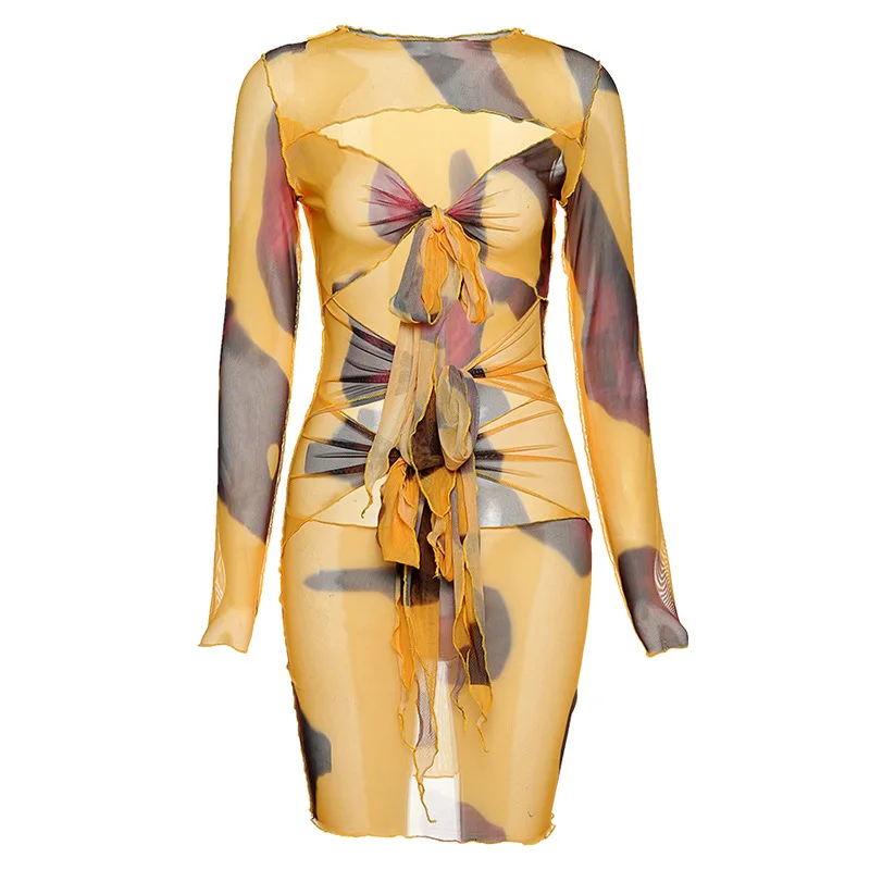 

Vintage Sexy See-Through Bandage Clothes Woman Summer Chic Casual Mesh Streetwear Bodycon Club Cut Out Hole Mini Tight Dress