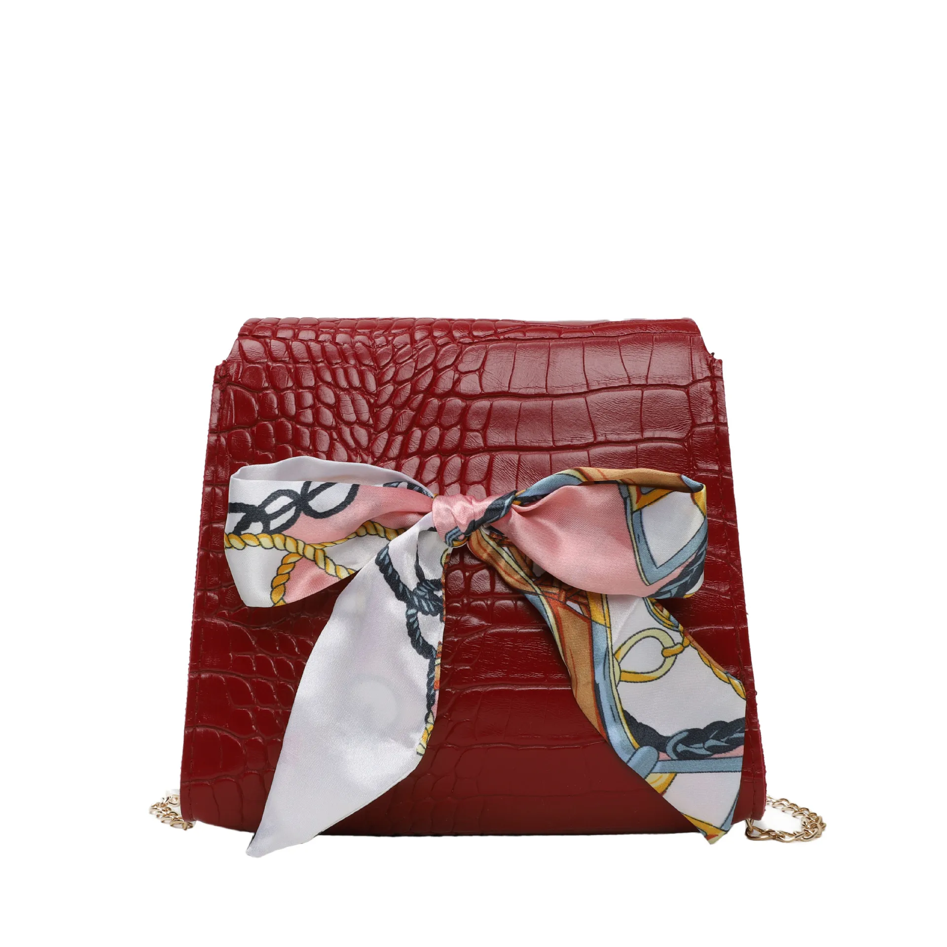 

Silk Scarf Bowknot Women's Handbag Fashion Stone Pattern Square Bag Shoulder Messenger Bag Small Fresh Chain Mobile Phone Bag