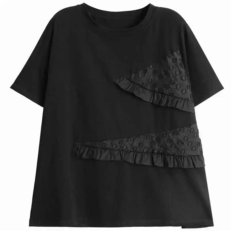 

IEQJ Women T-shirt New Round Neck Patchwork Ruffles Black Polka Dot Short Sleeve Fashion Casual Loose Summer 2021 8P613