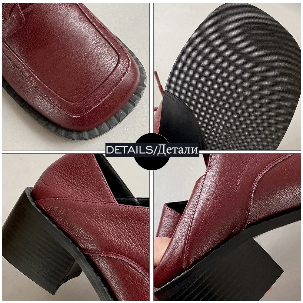 

WETKISS Women Genuine Leather Pumps Square Toe Skid Proof Chunky Heels Female Lace Up Shallow Leather Fashion Spring Shoes 2021