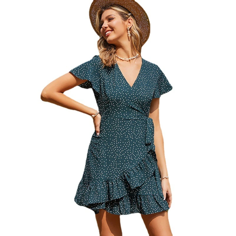 

Summer Polka Dot Dress V Neck Casual A Line Dress Flare Short Sleeve Elegant Wrap Mini Dress Ruffles Sundress Vestidos