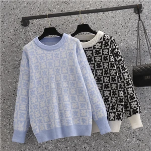 Blue Black Flower Knitted Plus Large Size Oversize Korean Style Fashion Pullovers For Autumn Women'S Clothing Ladies Sweaters