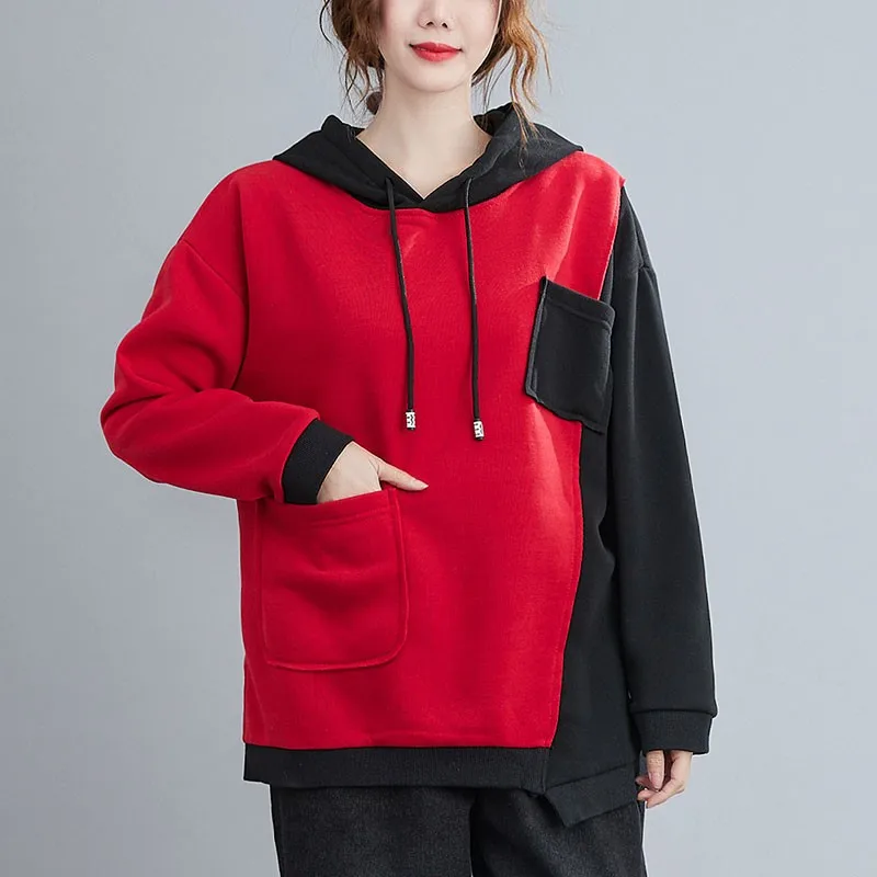 

Women Thick Cotton Casual Hoodies New 2020 Autumn Winter Simple Style Patchwork Color Loose Female Hooded Pullovers S2579