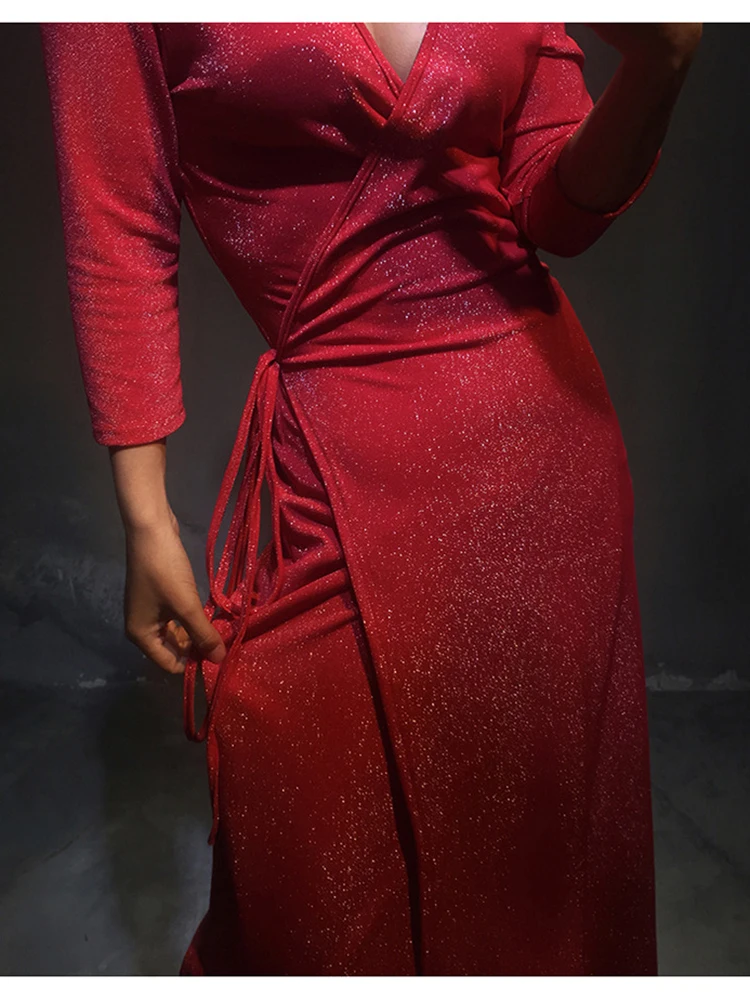 Женское цельнокроеное вечернее платье с поясом и V образным вырезом|Платья на