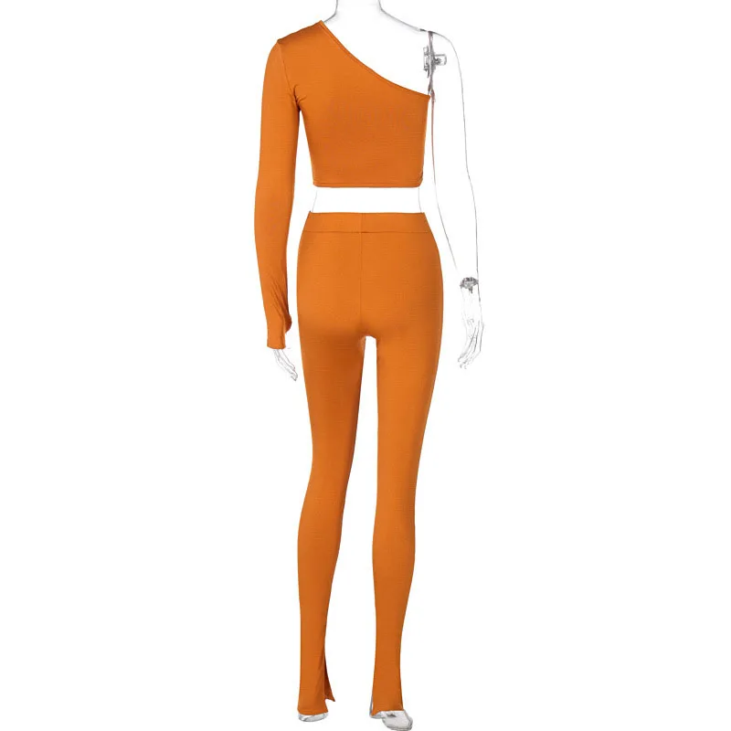 

Fashion European and American Suits One-shoulder Cropped Top Slim Fit Casual Pants Suit 2-piece Set 2020 Autumn and Winter