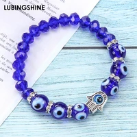 vintage blue crystal bead fatima hand devils eye charm bracelet for women men adjustable elastic yoga party cuff gift