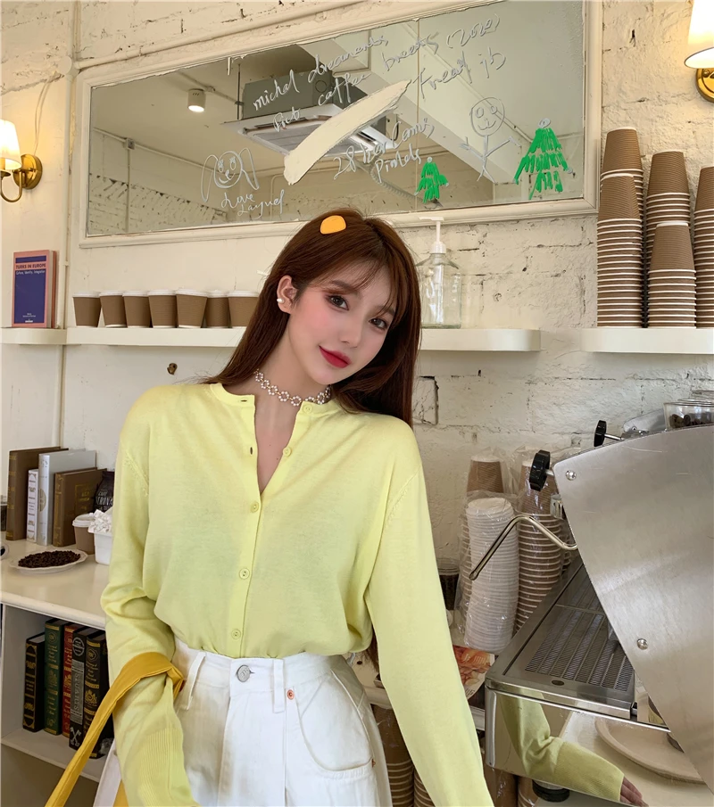 

Ppshd Spring Korean Style Retro Gentle Series Yellow Skin Slimming Loose Single-Breasted Long Sleeve Thin Knitted Cardigan for