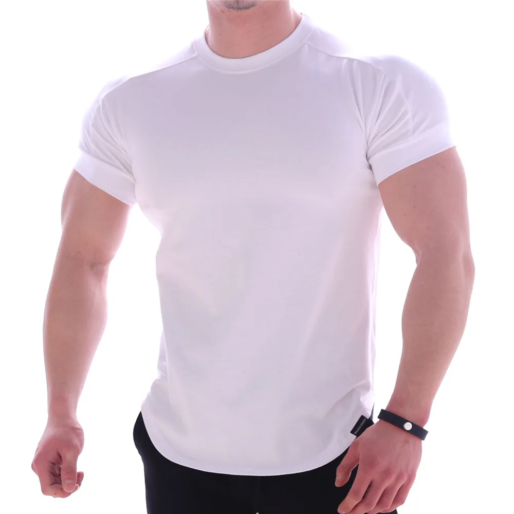 Men Summer T Shirts High Elastic Slim Fit Tshirt Men Quick-drying Curved Hem Mens T-Shirts Solid Color 3XL