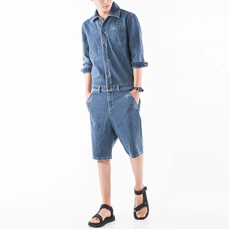 Summer Fashion Man Jeans Shorts Bib Overalls Streetwear Lapel Letter Denim Jumpsuits Trousers Leisure Brown Blue Freight Pants | Мужская