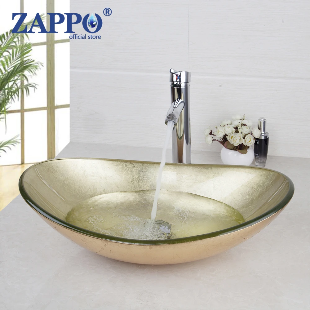 

ZAPPO Gold Bathroom Washbasin Bath Set Faucet Mixer Taps Tempered Glass Basin Veseel Faucets Chrome Finished Yellow Basin Set