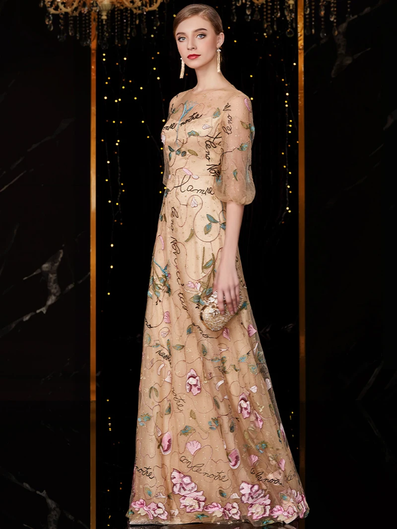 Женское вечернее платье с круглым вырезом и рукавом три четверти | Свадьбы