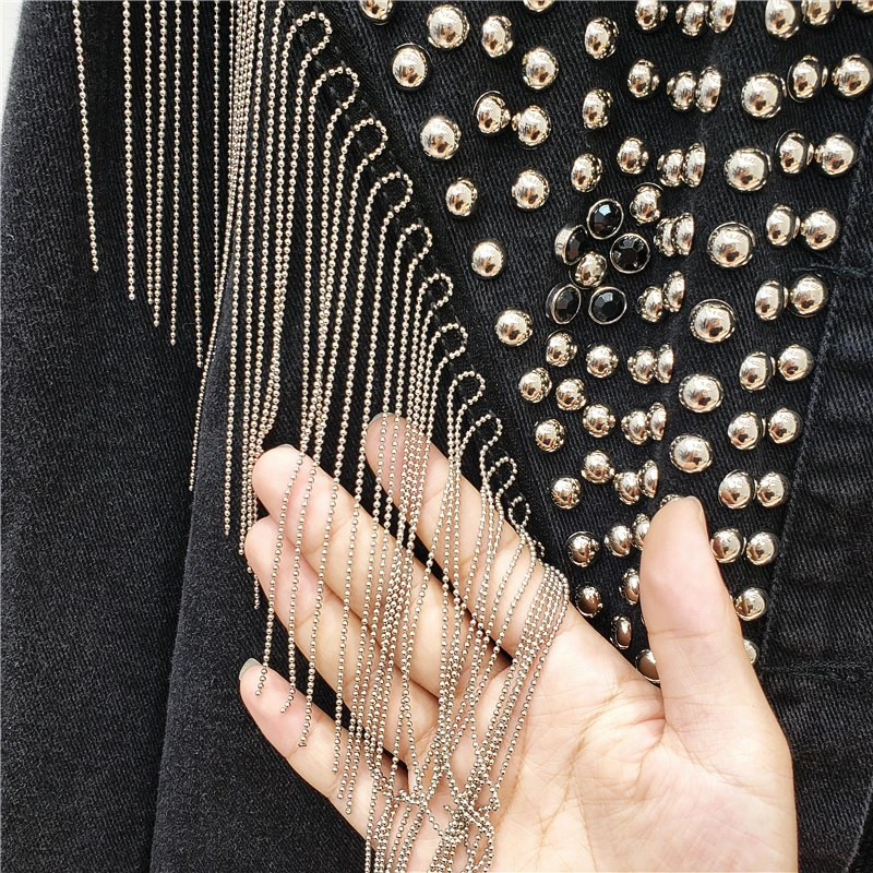 

Vintage Jeans jacket Women Streetwear 2020 Spring Autumn Loose Beaded Tassel Long sleeve Outwear Short Female Denim Jacket Tops