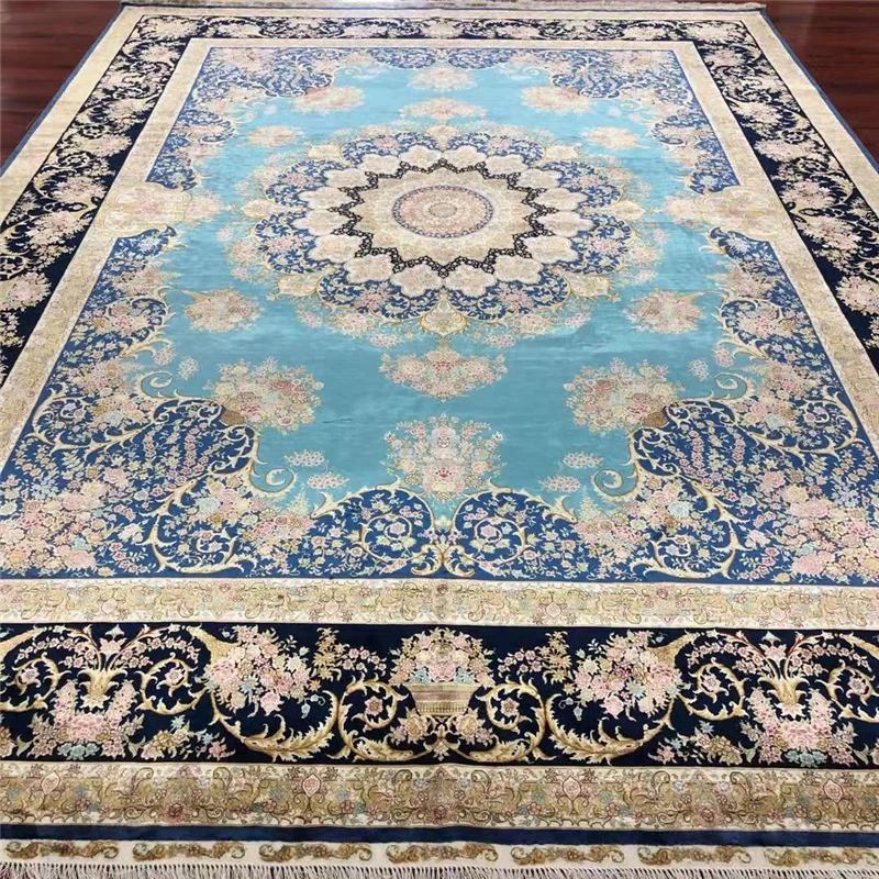 Goedkoop 275X366Cm Blauw Perzisch Tapijt Handgeknoopte Koninklijke Zijde Tapijt Zijden Tapijt Luxe Villa Gebied Tapijt