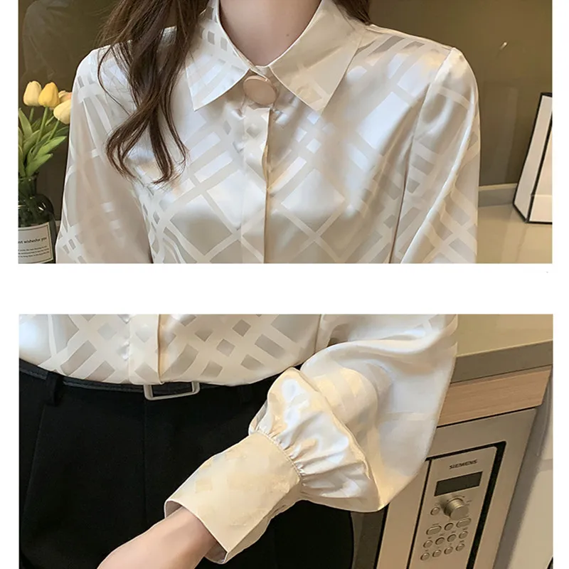 

2021 Autumn Women's Shirt Satin Printed Chiffon Basic Polo-Neck Hook Flower Women Blouses Long Sleeve Striped Fashion Top Shirts