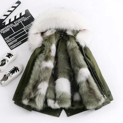 Green Green White Детское зимнее пальто куртка из искусственного меха лисы для мальчиков и девочек Толстая теплая парка большое меховое пальто с капюшоном Детская верхняя одежда - Цвет: Green Green White