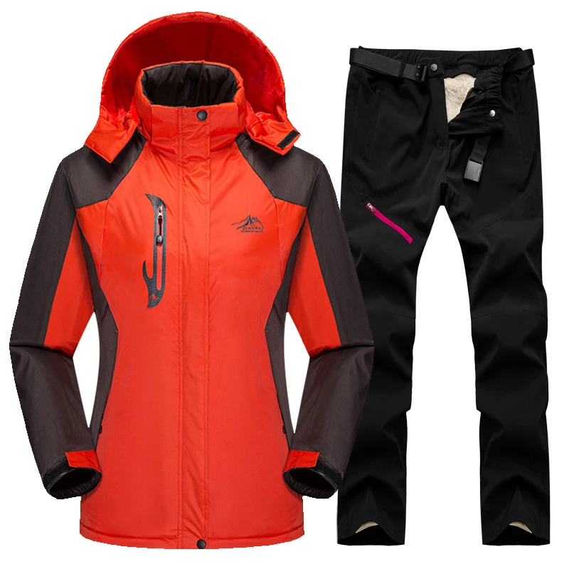 Orange Black Лыжный костюм для женщин, уличная водонепроницаемая ветрозащитная куртка для сноуборда, лыжная куртка, штаны, зимние лыжные флисовые куртки, женский лыжный костюм - Цвет: Orange Black